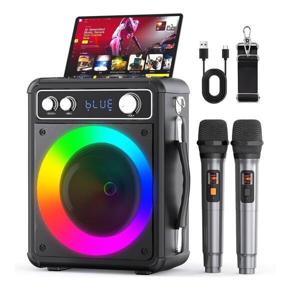 NEW Karaoke Machine Portable Bluetooth Speaker PA2 Wireless Mics LED Lights